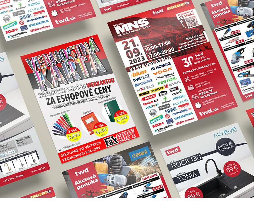 Ukážka reklamných letákov a plagátov — grafický dizajn Foxo Design pre rôznych klientov